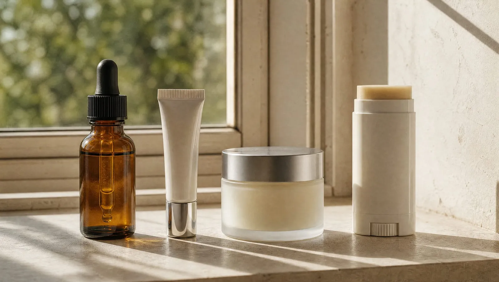 An amber dropper bottle, a slim white tube, a frosted jar of cream and a stick on a sunlit stone windowsill