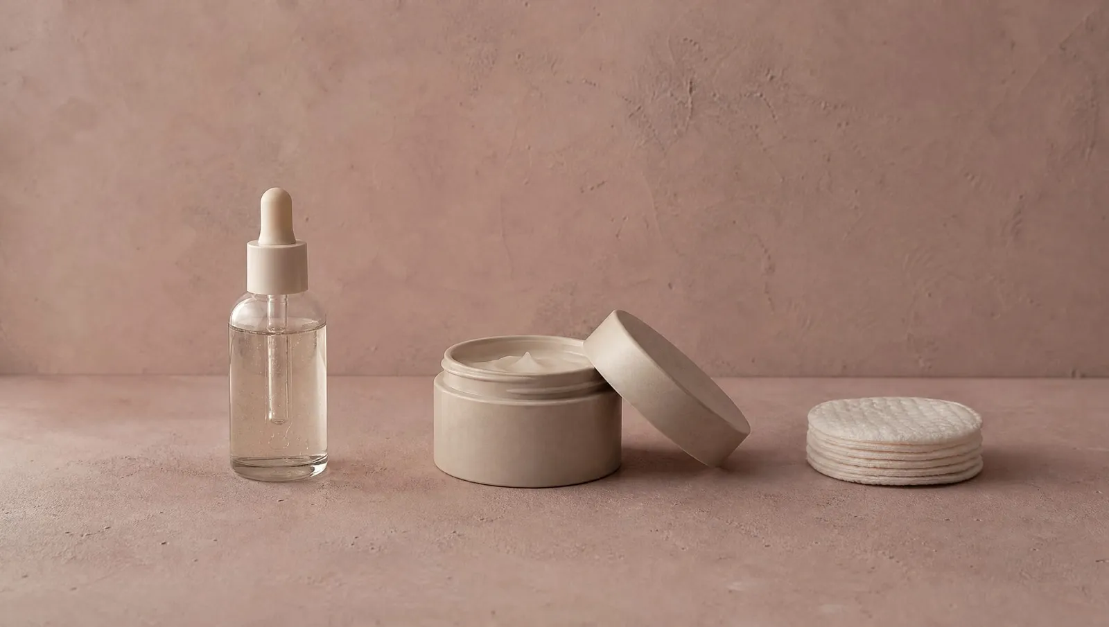 A clear dropper bottle of serum, an open jar of plain white cream and a short stack of cotton pads on a dusty pink surface