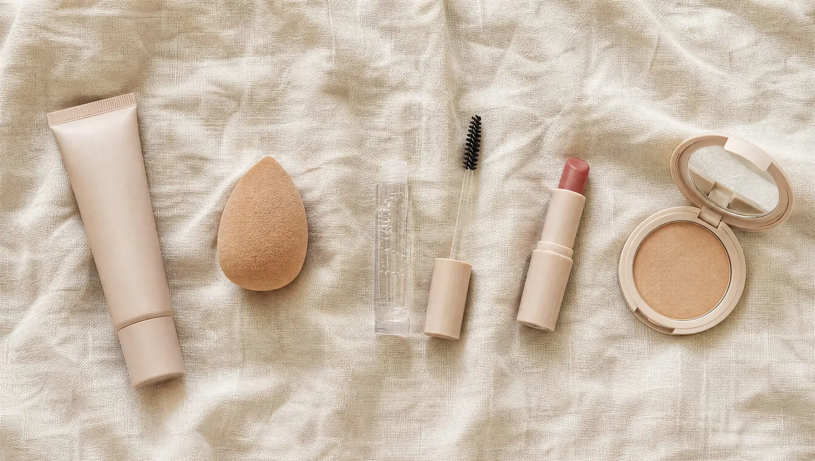 A teardrop makeup sponge laid on linen beside a tube of base, a clear gel, a mascara, a lipstick and an open compact