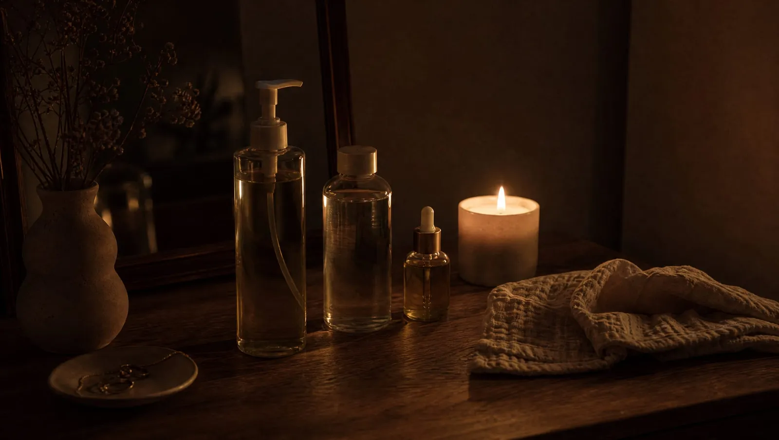 A single lit candle in a pale holder on a dark wooden table beside clear bottles, a small dropper and a folded cloth