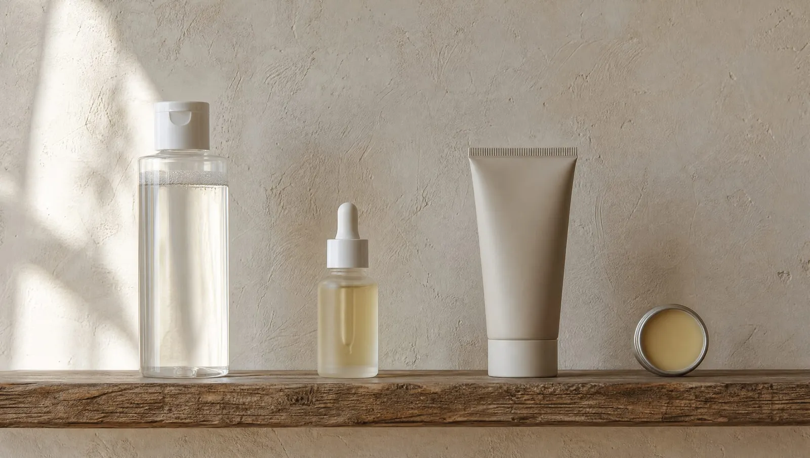 A clear bottle, a small dropper bottle, a grey tube and a tin of balm on a rough wooden shelf against a plaster wall