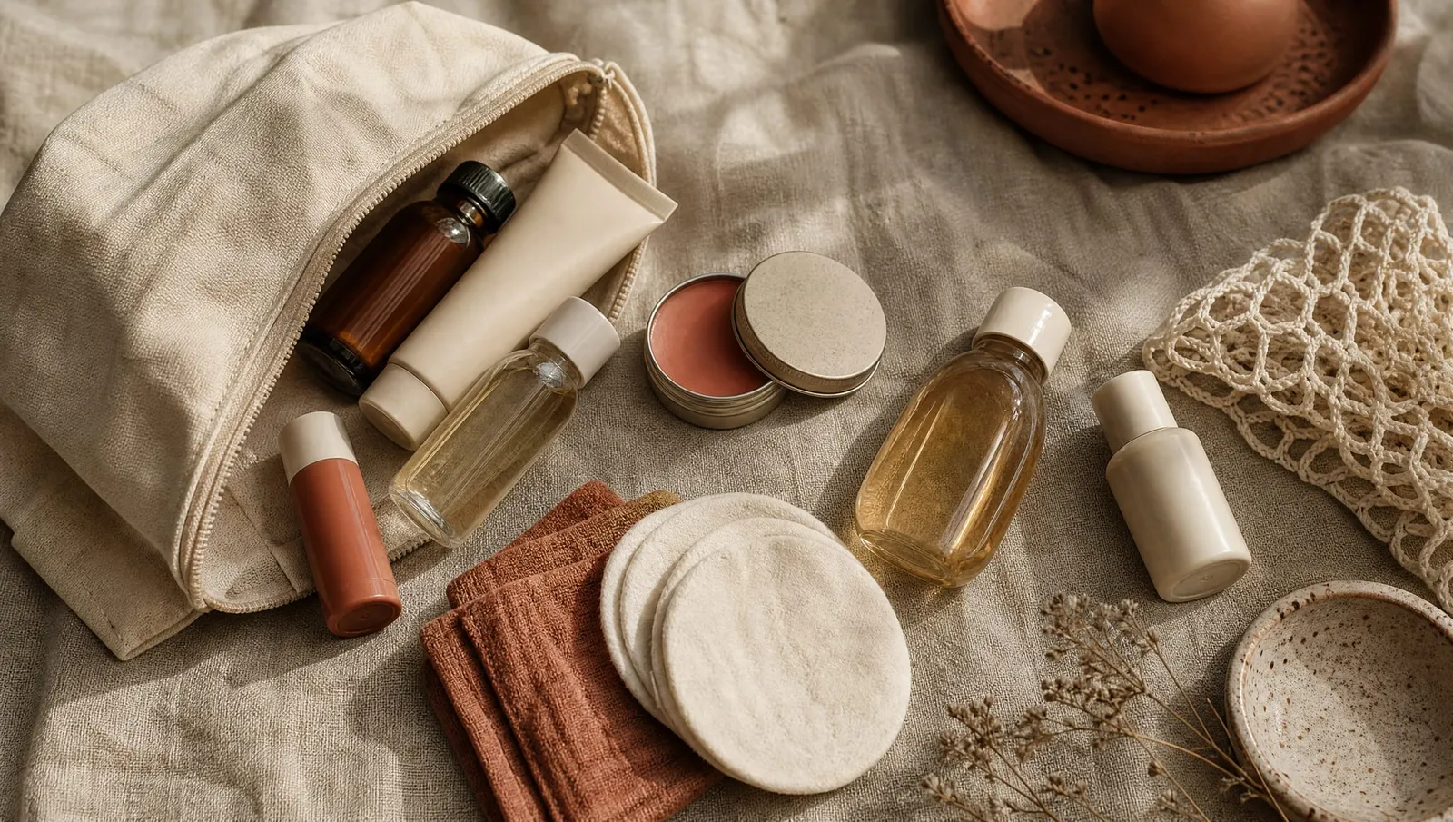 A small cream canvas pouch spilling a tube, small bottles, a tin of pink balm, a cream stick and cotton pads onto linen