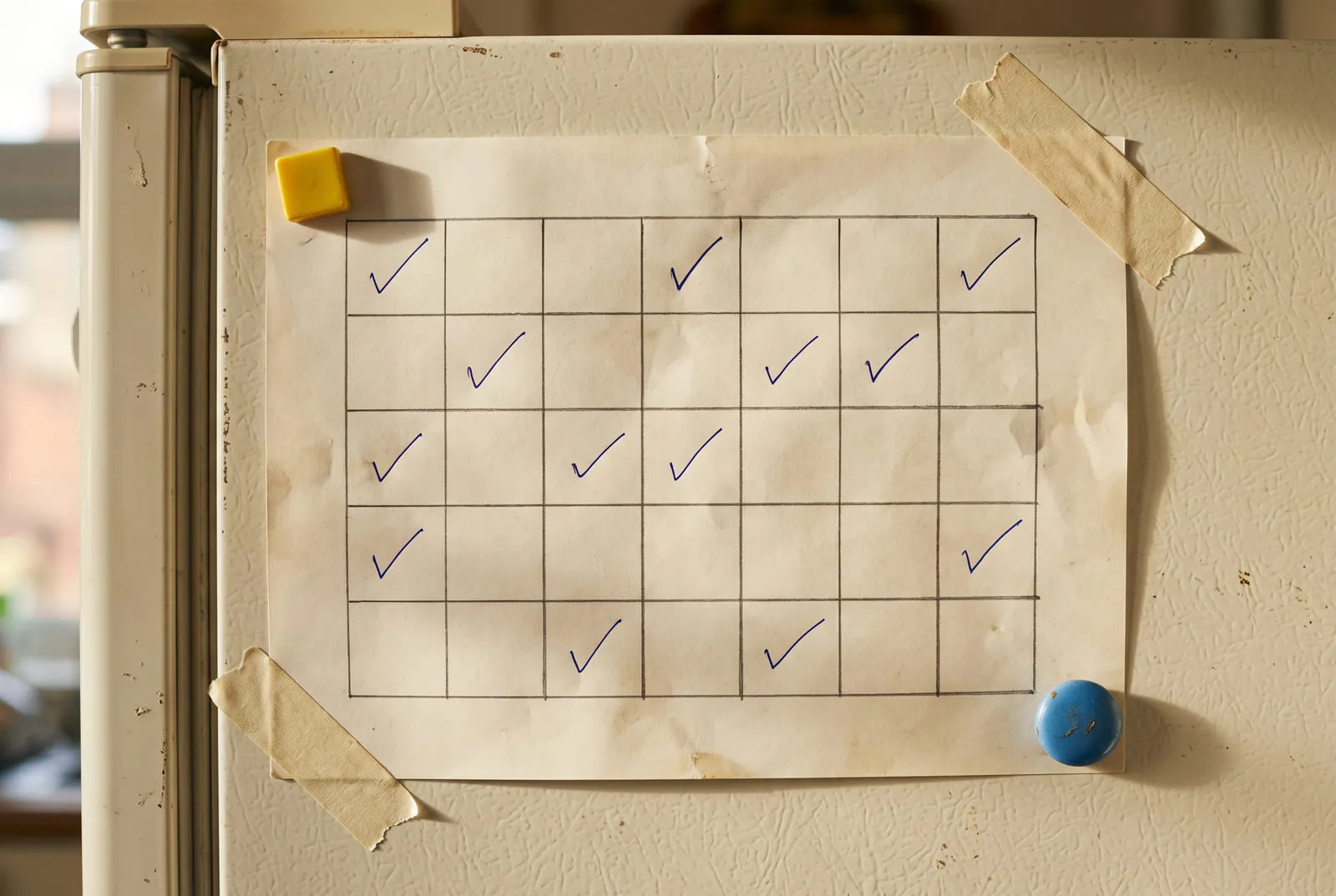 A hand-ruled paper grid taped to a fridge door, some boxes ticked in blue pen, several left blank.