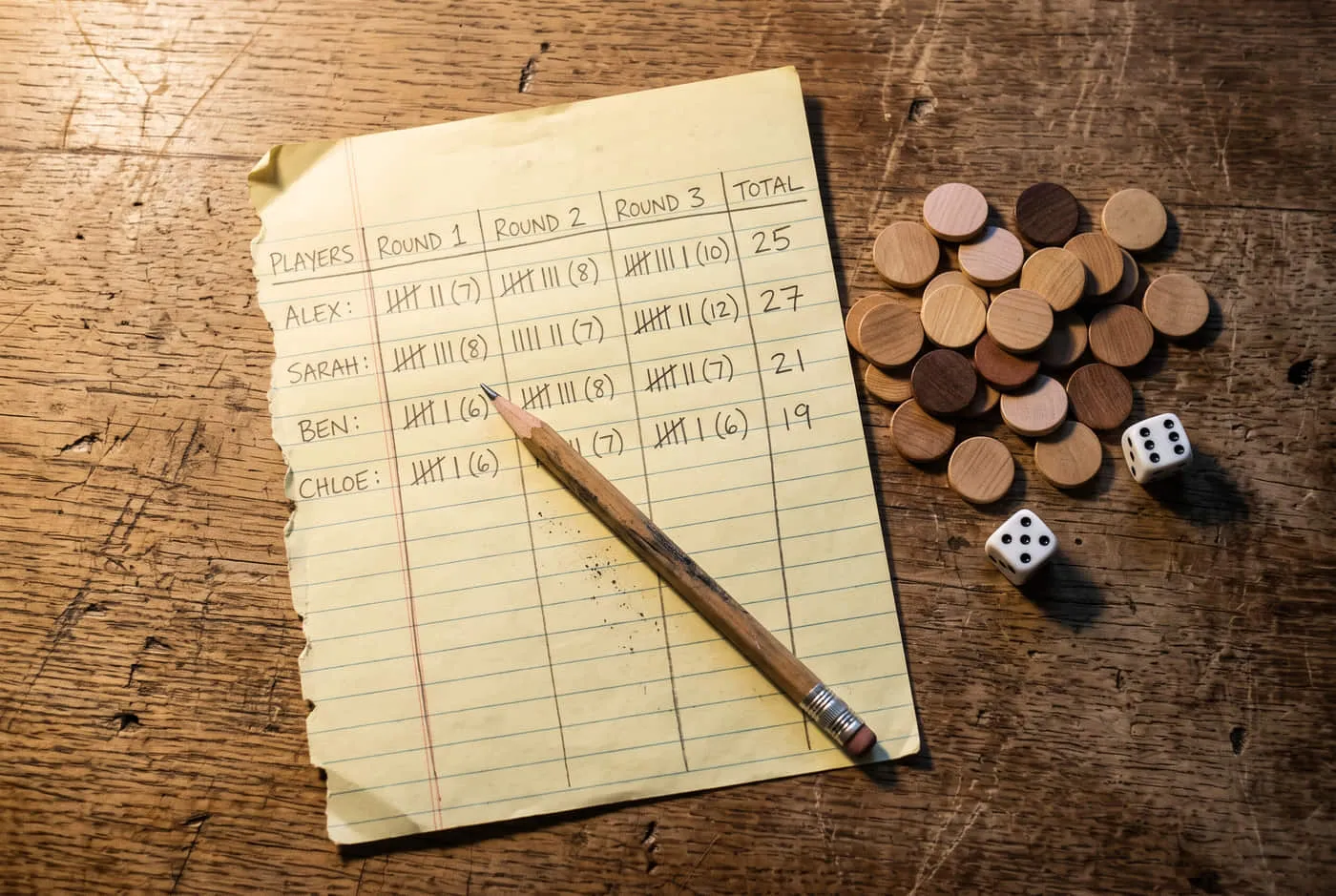 A torn sheet of lined yellow notebook paper hand-ruled into player and round columns with pencil tally marks and totals, a pencil lying across it, beside a loose pile of plain wooden counters and two dice.