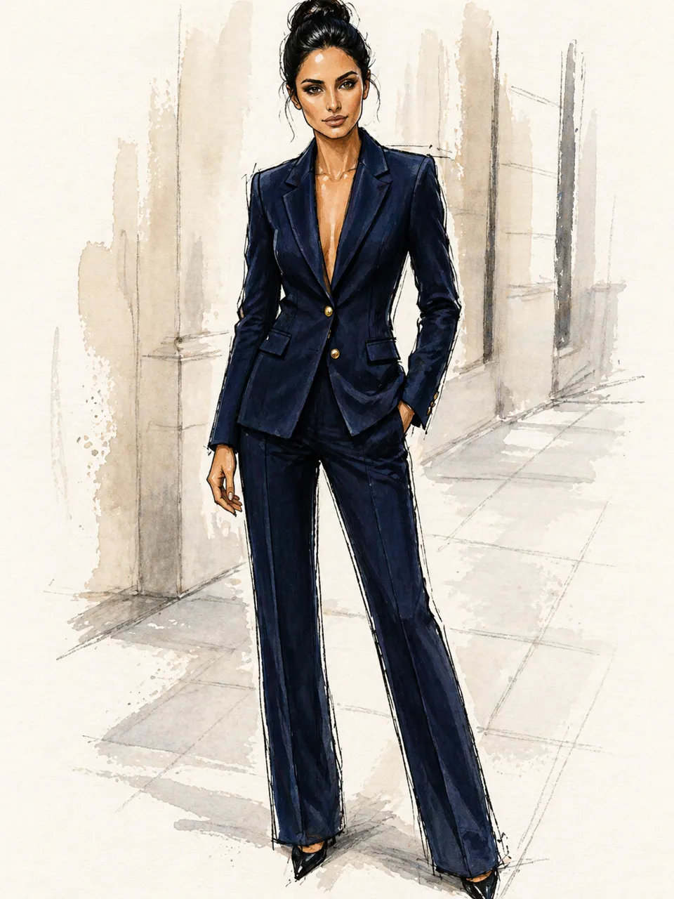 Illustration of Nelly in a navy blazer and matching straight-leg trousers with pointed black shoes