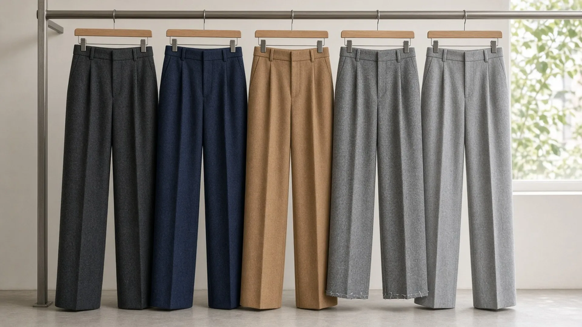 Five pairs of women's wool trousers in grey, navy and camel hanging on a rail with hems pinned