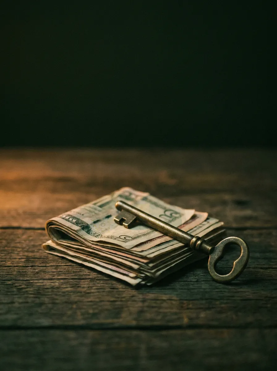 A small stack of folded banknotes held down by an old brass key on dark wood, in warm side light.