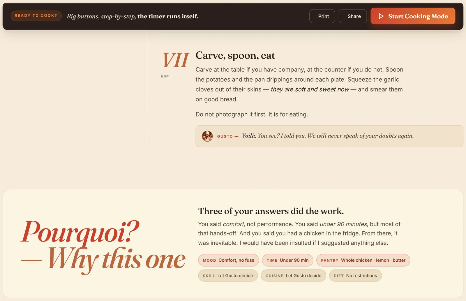 A screenshot of a What's Cooking recipe page: a dark bar across the top reading Ready to cook — big buttons, step-by-step, the timer runs itself, with Print, Share and Start Cooking Mode buttons; below it the final numbered step, and a panel headed Pourquoi — Why this one explaining which of the cook's answers produced the pick, with tags for mood, time, pantry, skill, cuisine and diet