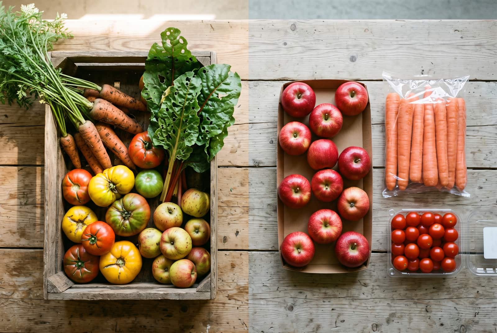 An overhead comparison on a wooden table: on the left a wooden crate of irregular just-picked produce with soil on the carrots and holes in the chard leaves, on the right the same categories graded uniform in a cardboard tray, a clear bag and a plastic clamshell