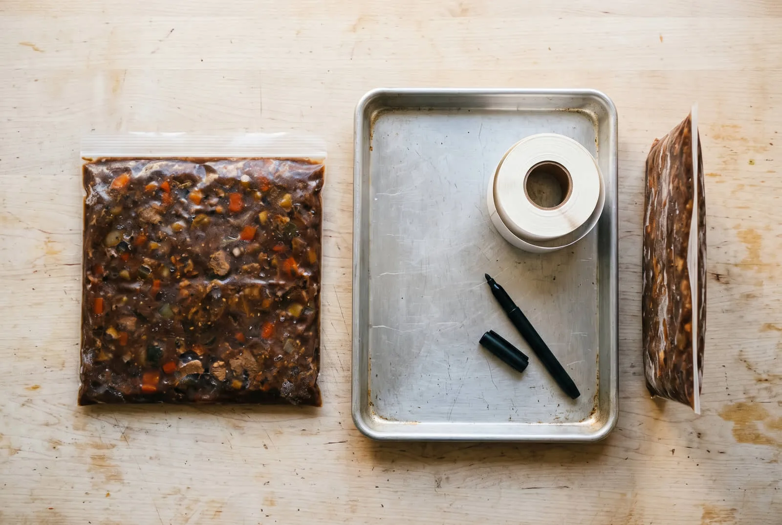Overhead view on a pale wooden worktop: a clear zip bag of dark stew frozen perfectly flat like a tile, a rimmed metal baking sheet used to freeze it, a roll of blank white adhesive labels and an uncapped black marker, and a second flat-frozen bag standing on its edge to show its thinness