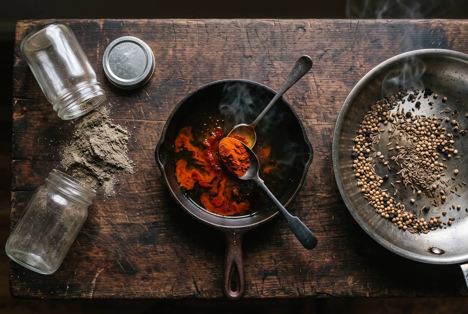 Three groupings on a dark wooden board: on the left a heap of dull grey spent powder beside two empty clear jars, in the centre vivid red ground spice on a spoon blooming into hot oil in a small cast iron skillet, on the right whole coriander seeds, cumin and peppercorns toasting in a dry steel pan