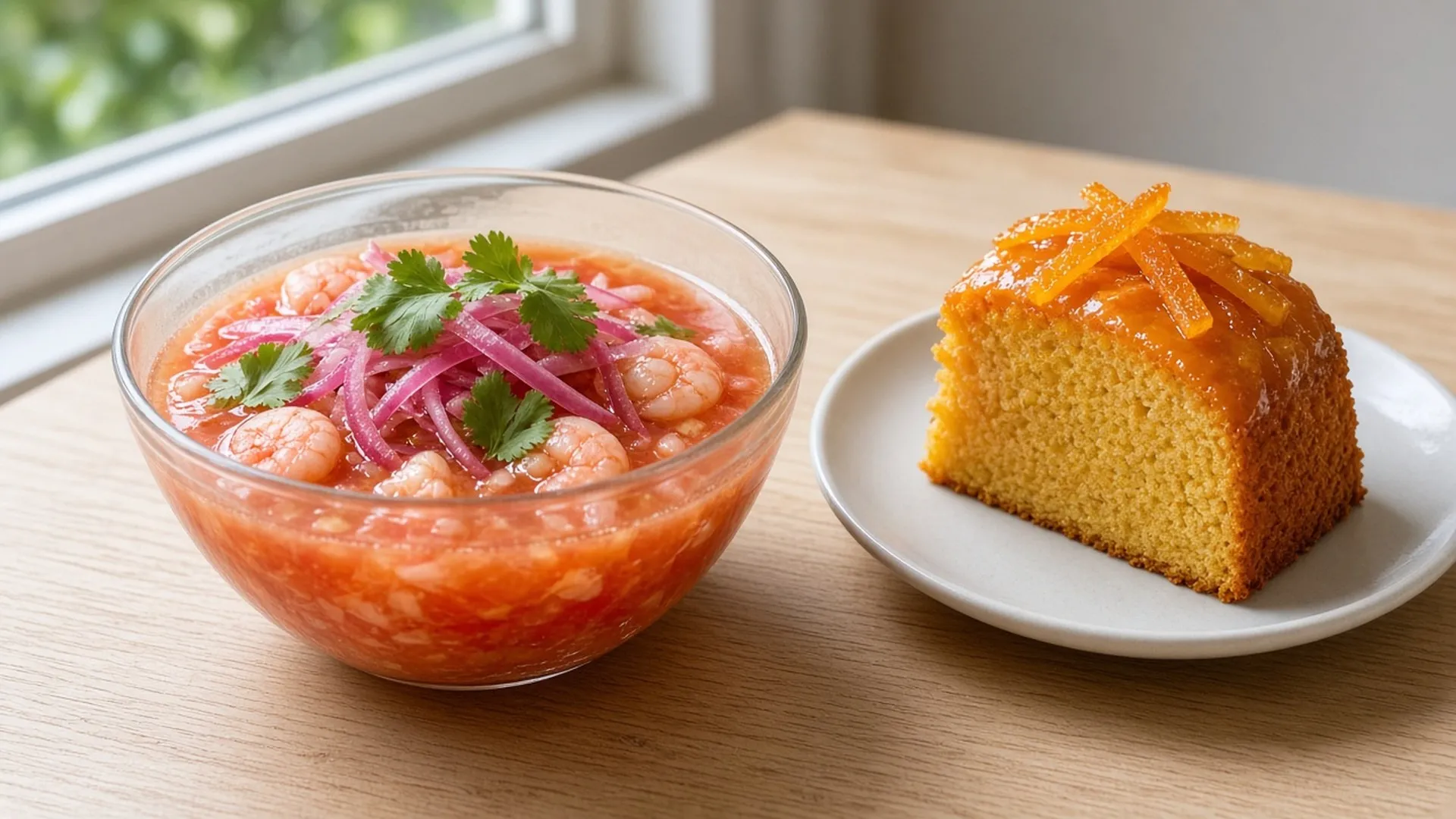 Glass bowl of Ecuadorian shrimp ceviche with red onion next to a slice of glazed orange cake