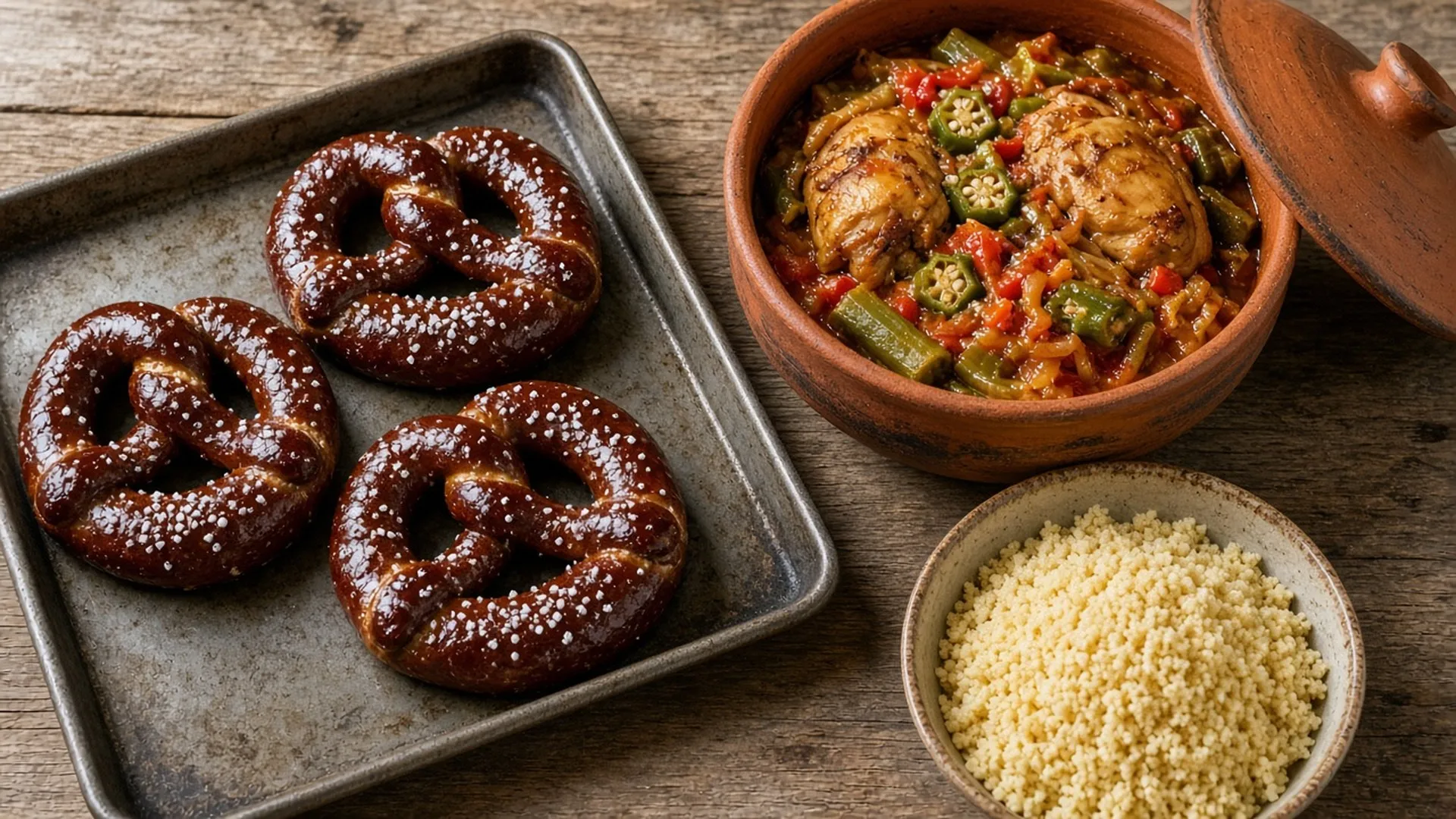 Dark-crusted soft pretzels with coarse salt beside a clay pot of Ivorian kedjenou chicken stew