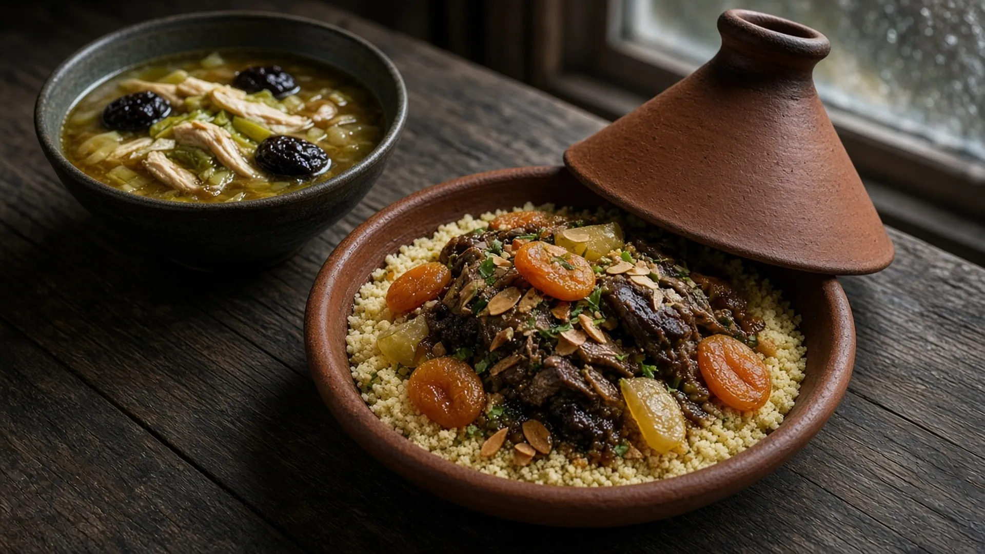 Lamb tagine with apricots in a clay tagine next to a bowl of cock-a-leekie soup