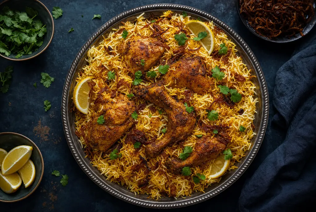 A platter of spiced yellow rice topped with roasted chicken pieces, fried onions, coriander and lemon