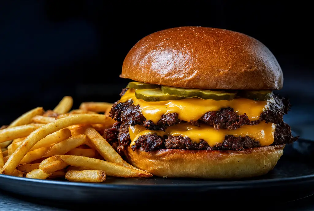 A double cheeseburger with crusted thin patties, melted cheese and pickles on a glossy bun, with fries alongside
