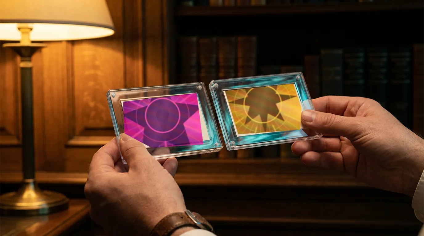 Two graded trading cards in slabs from different grading companies, held side by side under a desk lamp