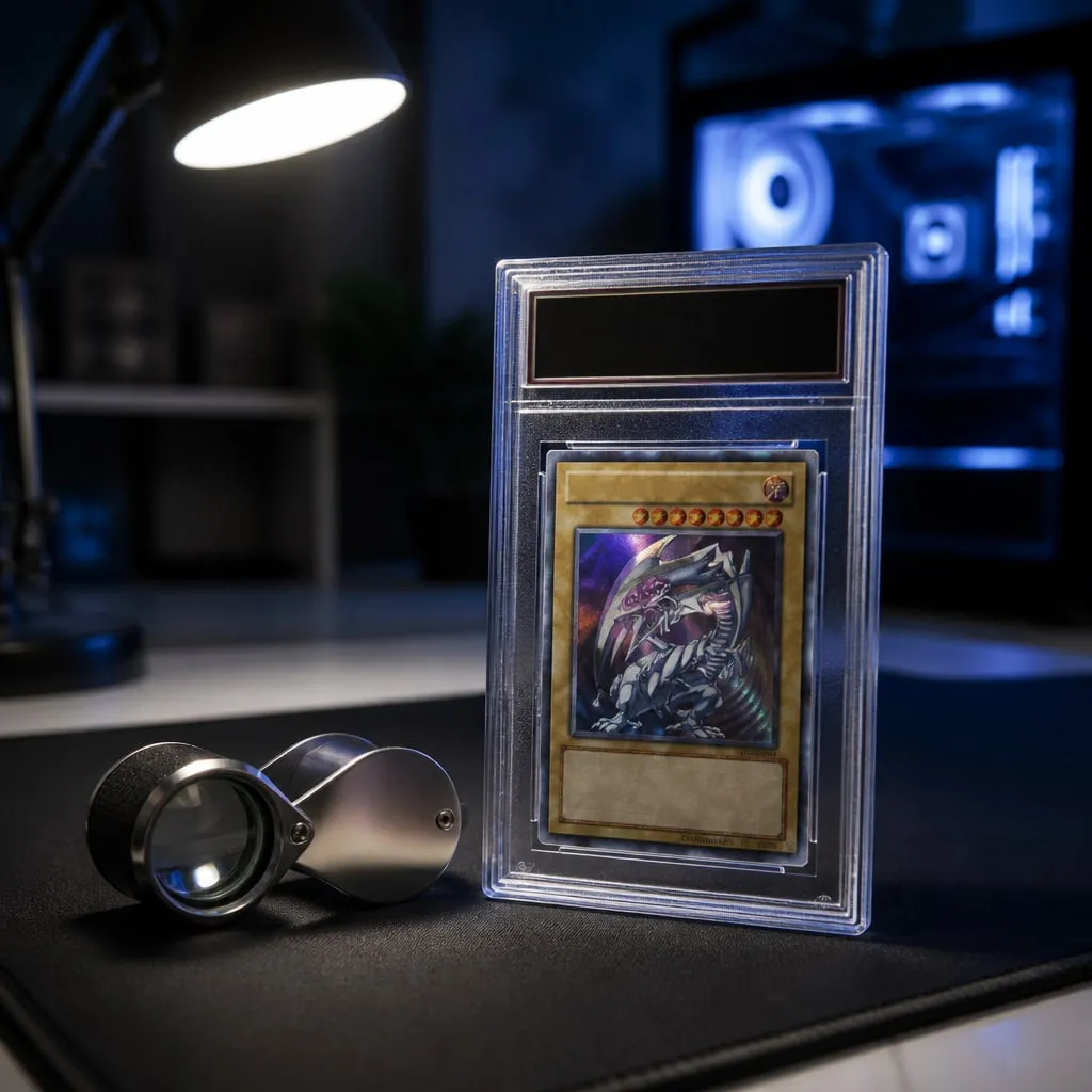 A graded card in a clear slab standing on a desk mat next to a jeweler’s loupe