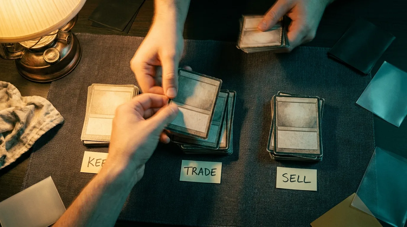 Hands sorting cards into three piles on a play mat, labelled keep, trade and sell