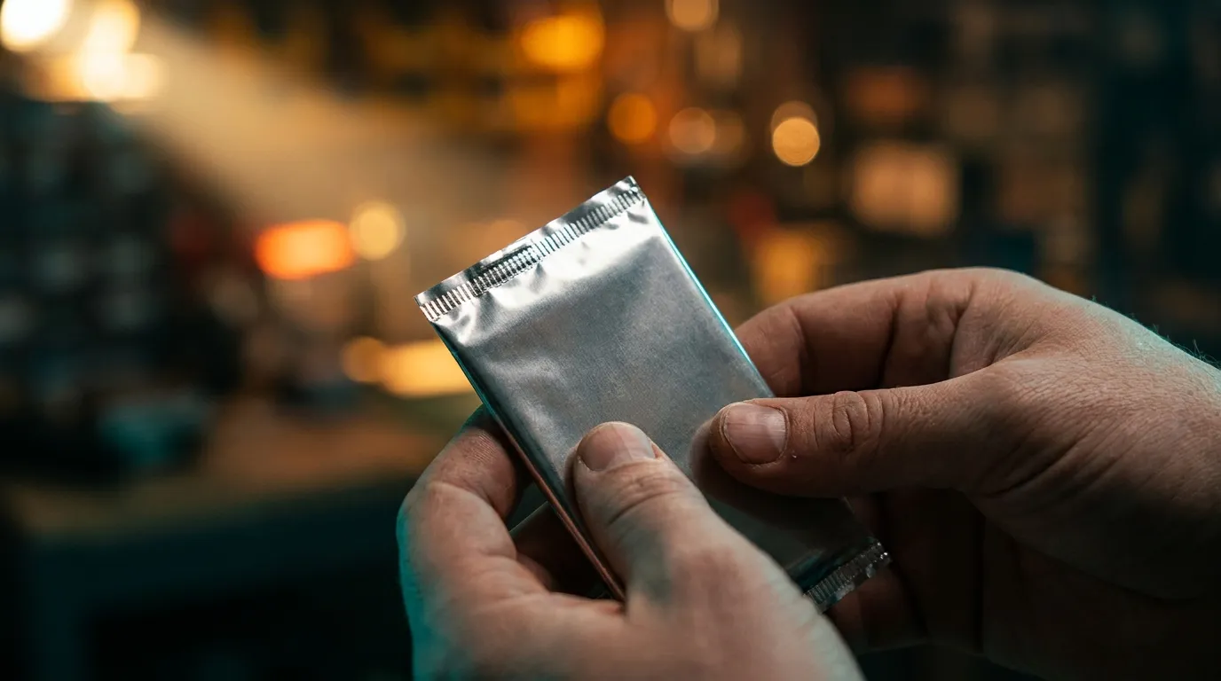 Two hands holding an unopened foil booster pack