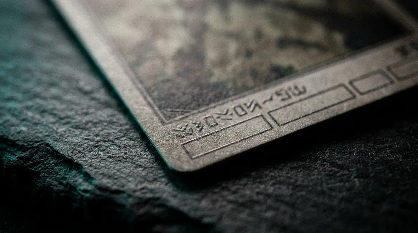 Macro detail of the printed symbol row along a card's bottom edge