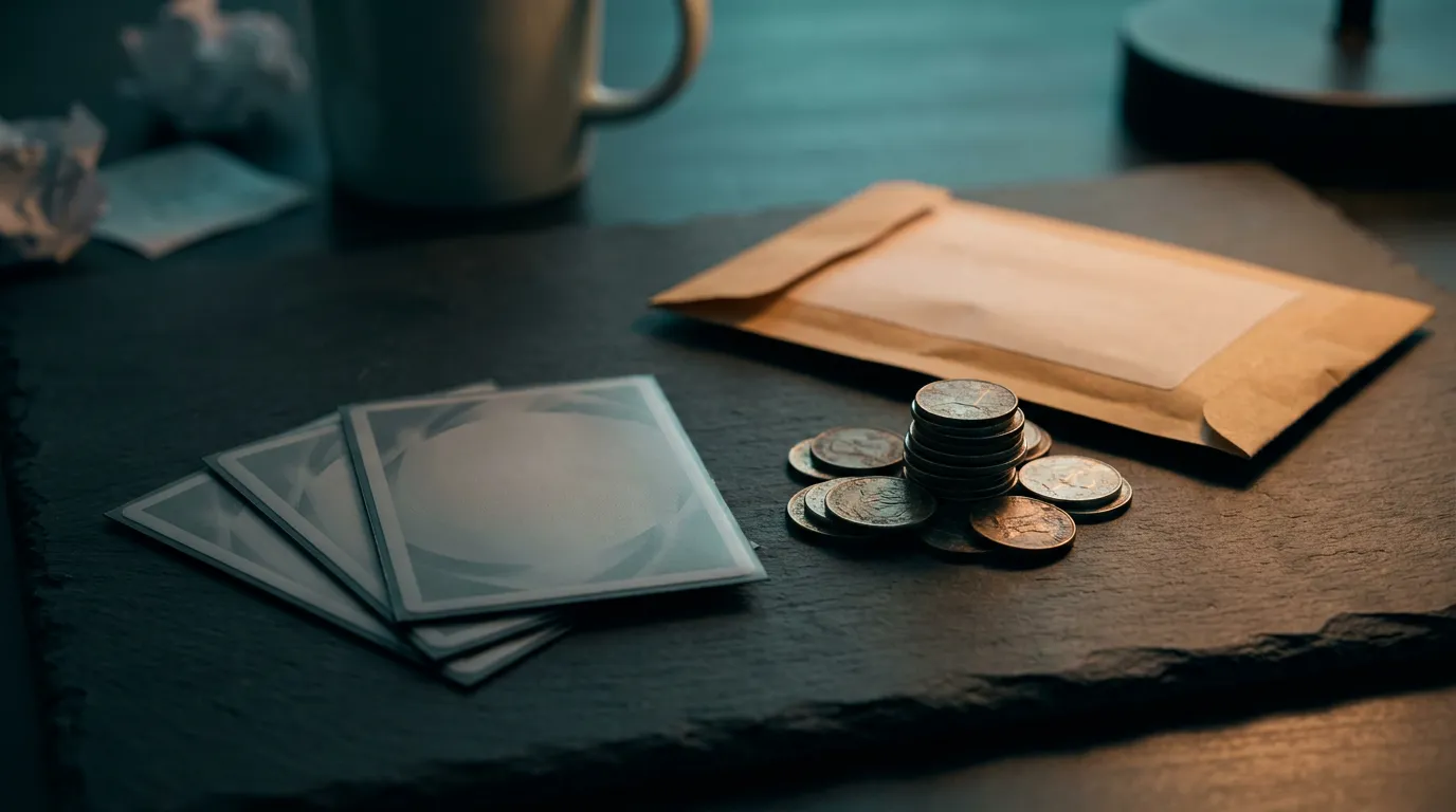 A fan of trading cards beside a stack of coins and a padded mailer on a slate desk