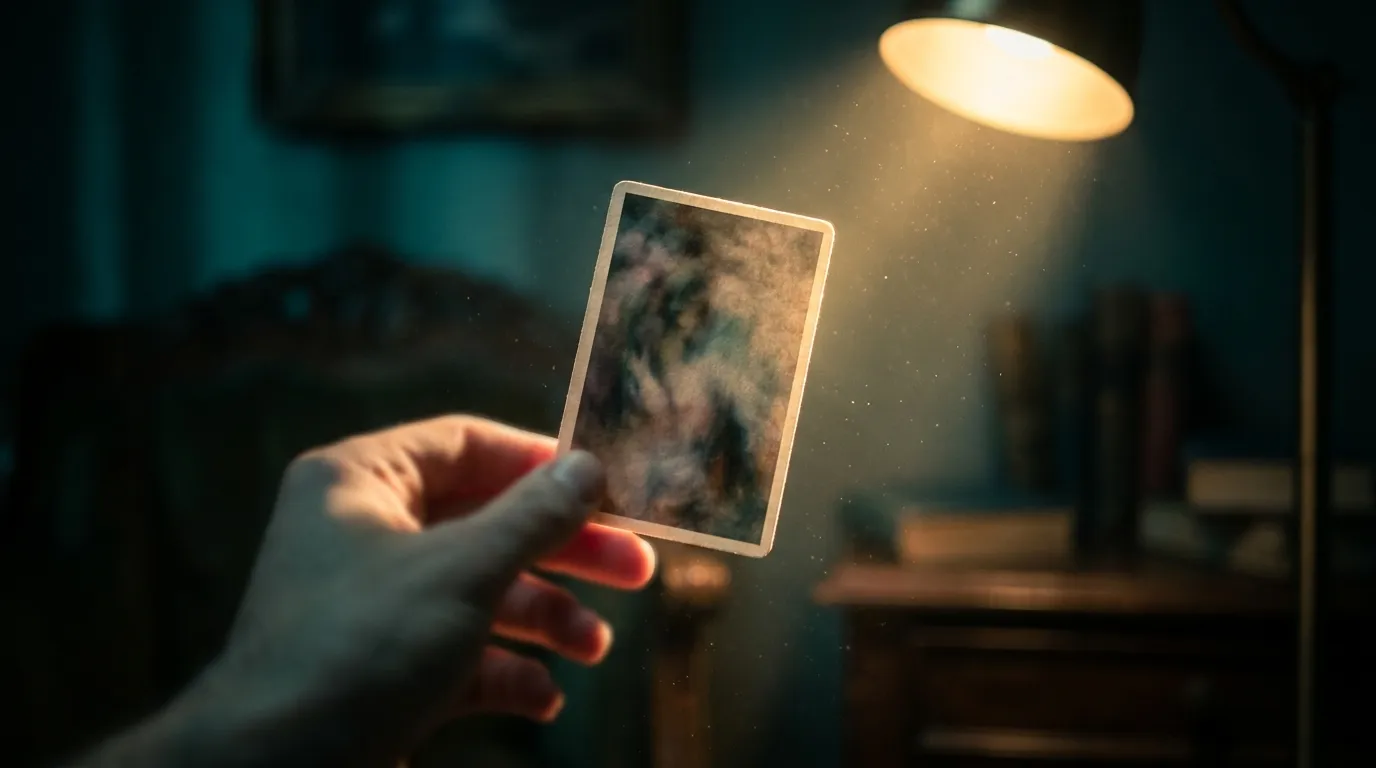 A hand holding a card up into a beam of lamplight