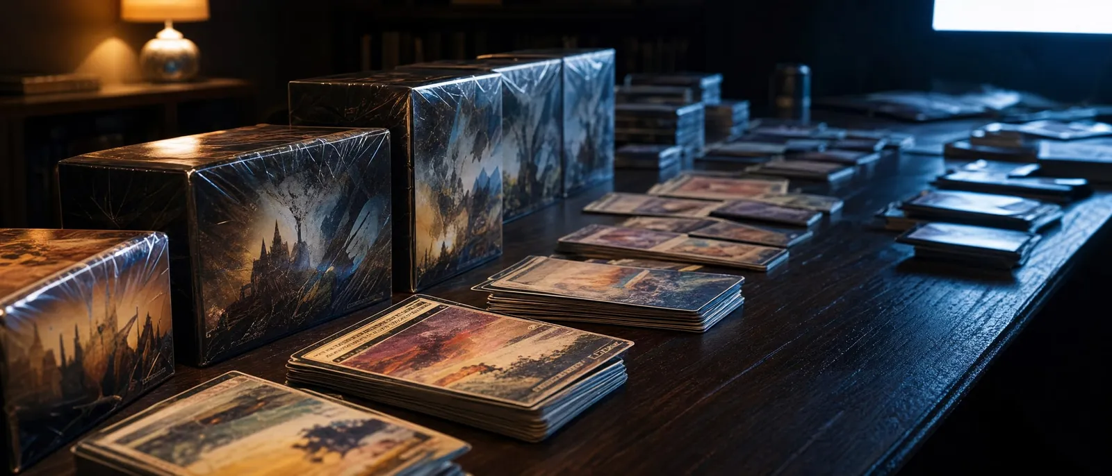 Lidded card storage boxes lined up in a row on a dark table, with stacks of cards laid out in front of them