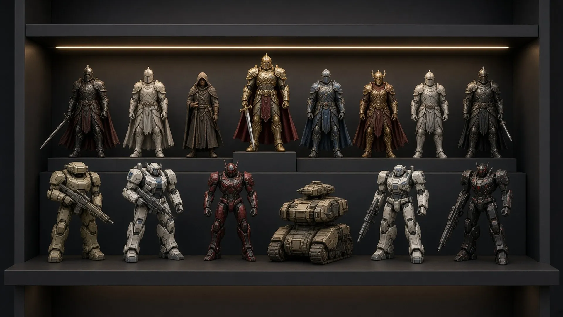 Lit display shelf with collectible figures staged in three stepped ranks against a matte dark backing