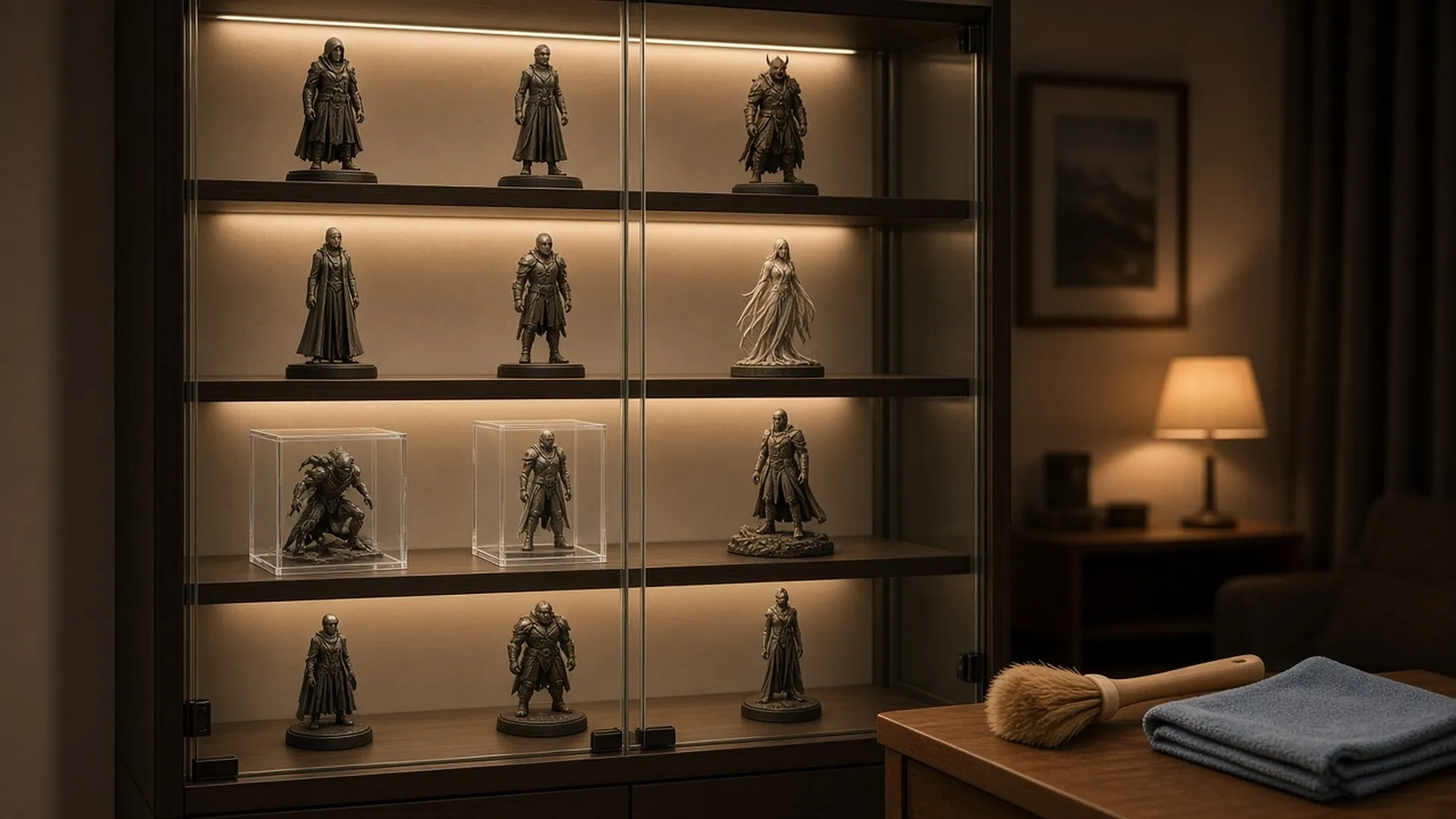 Glass display cabinet with warm LED lighting holding collectible figures and acrylic cases