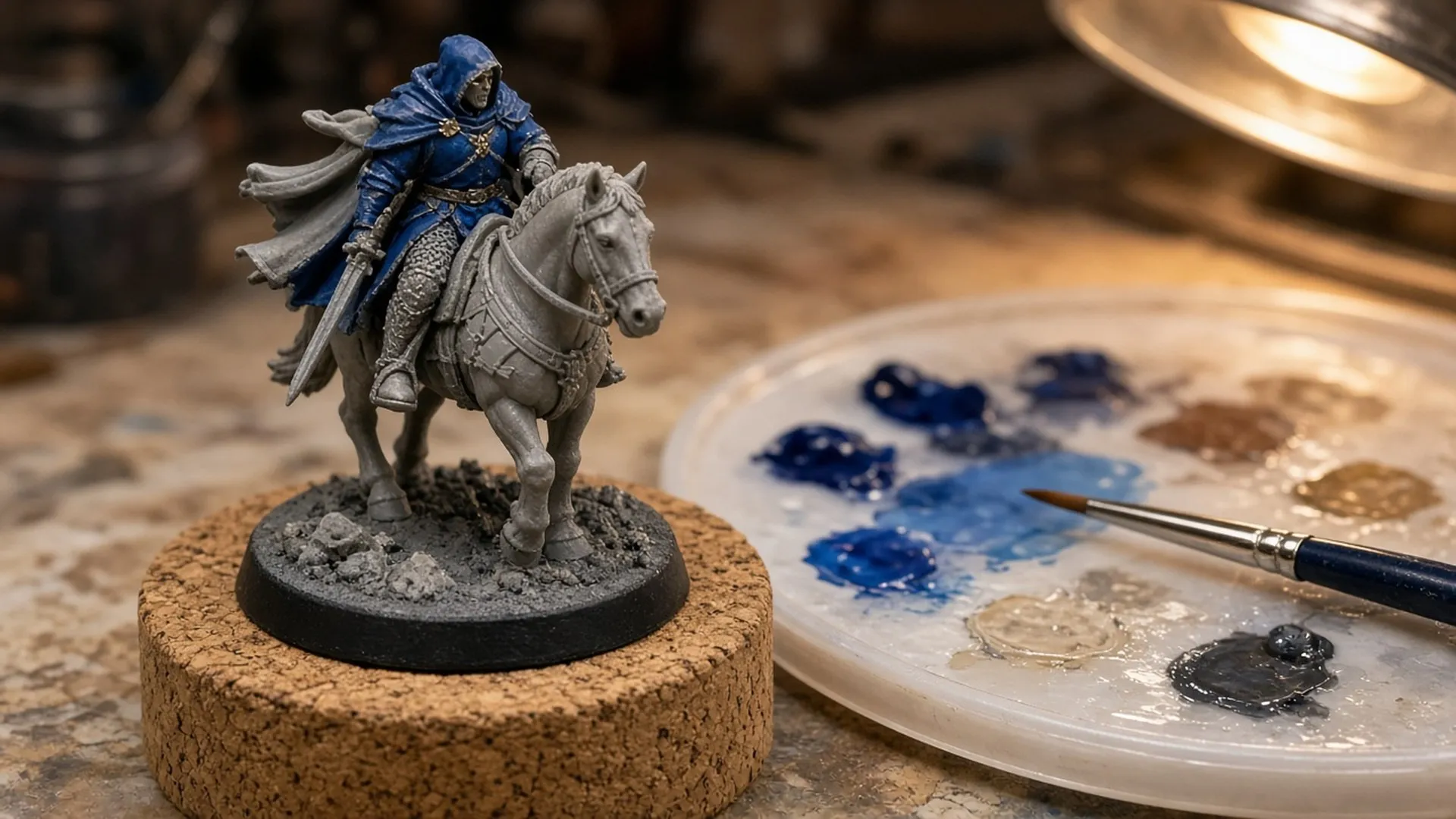 A half-painted mounted figure on a cork holder beside a wet palette of thinned paints and a fine brush