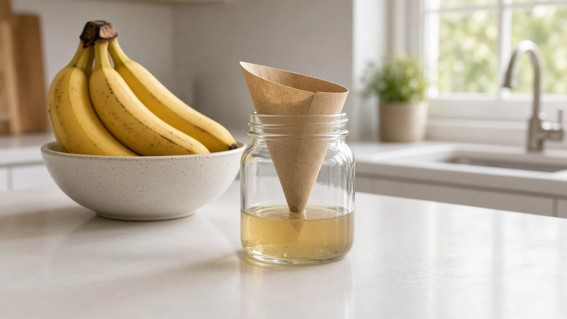 A glass jar of cider vinegar with a rolled paper funnel trap beside a bowl of ripe bananas on a kitchen counter