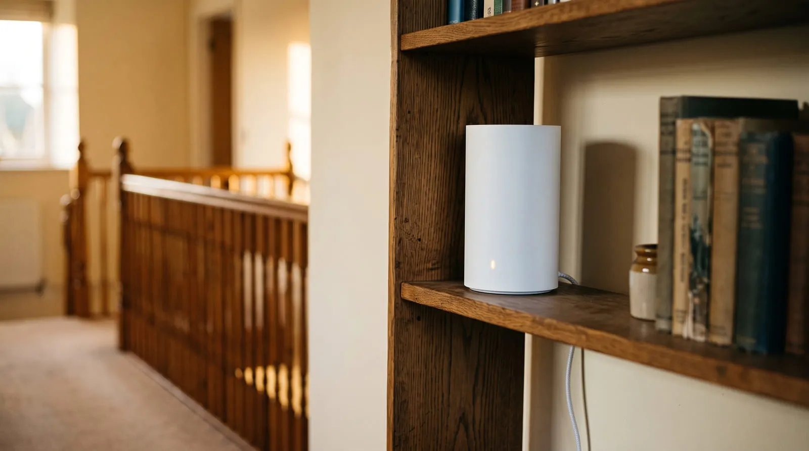 A plain white mesh node on a landing bookshelf with an ethernet cable running behind it