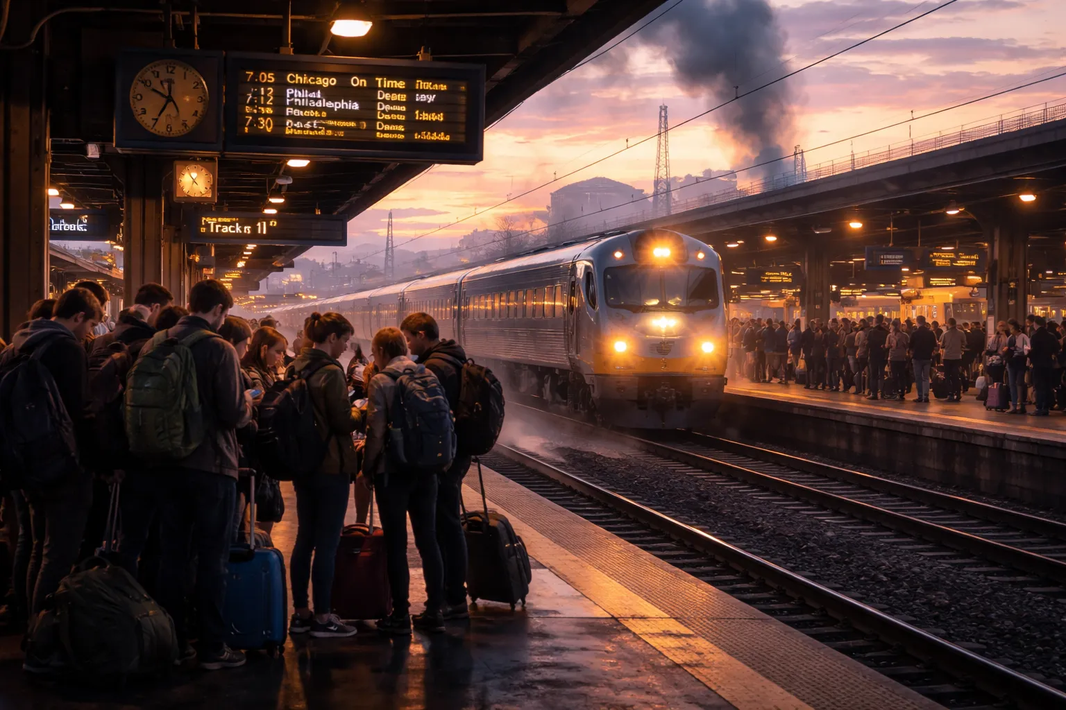 Illustration of a train pulling into a station at dusk while travellers with backpacks and suitcases wait on the platform