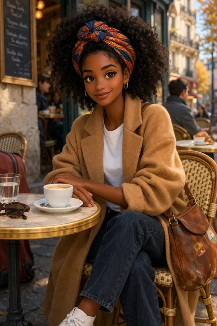 Illustration of a woman in a camel coat and patterned headscarf with a coffee at a pavement café table
